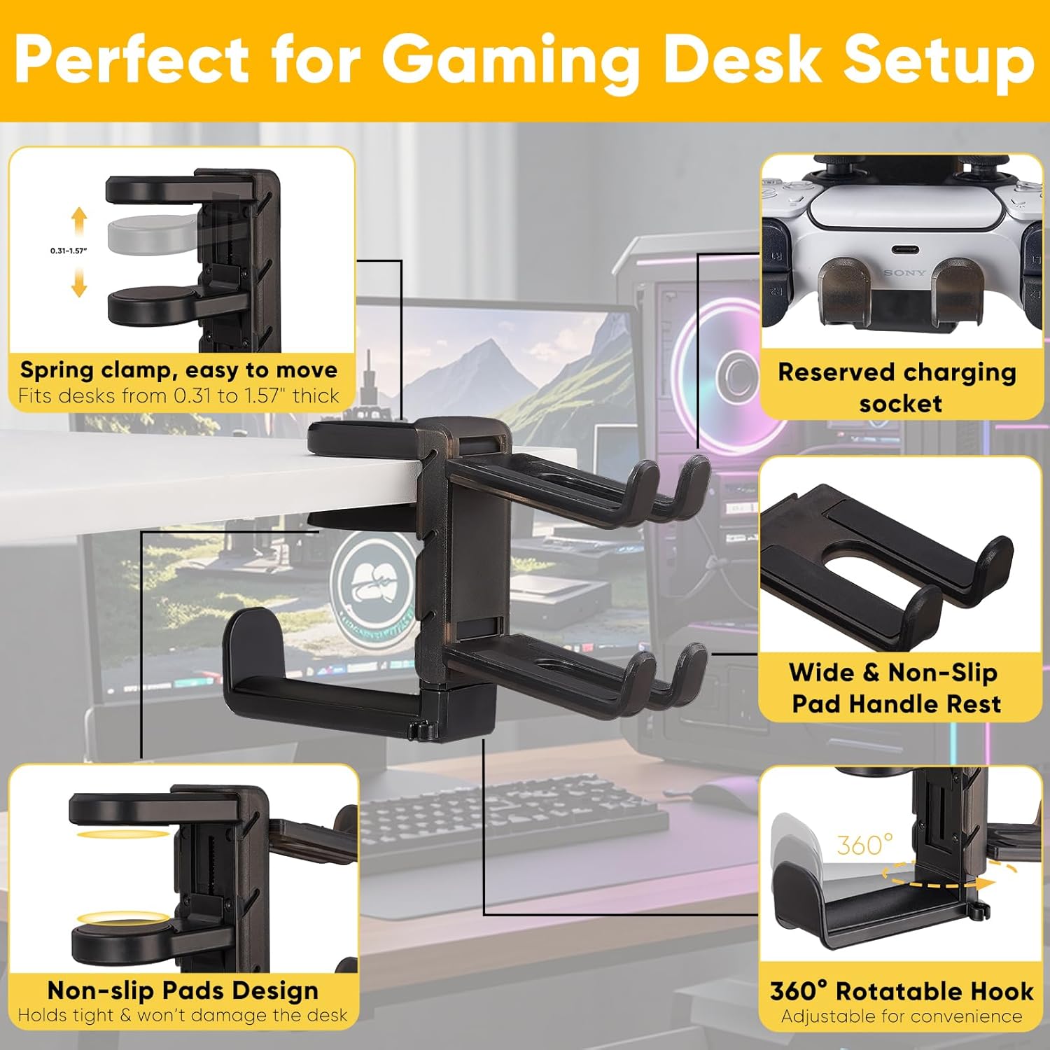3 in 1 Under Desk Headphone Hanger with Adjustable Clamp Mount, 2 Controller Slots & 1 Headset Universal Holder Stand, Rotatable Hook Rack & Cable Organizer, for Home Gaming Xbox ps5 - Black