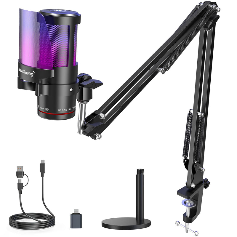 ZealSound Gaming USB Microphone, Noise Cancellation Condenser mic with RGB Light, Touch Mute, Gain, Monitoring for Streaming, Podcast, Twitch, YouTube, Discord, iPhone, iPad, Computer, PS4, PS5, Mac