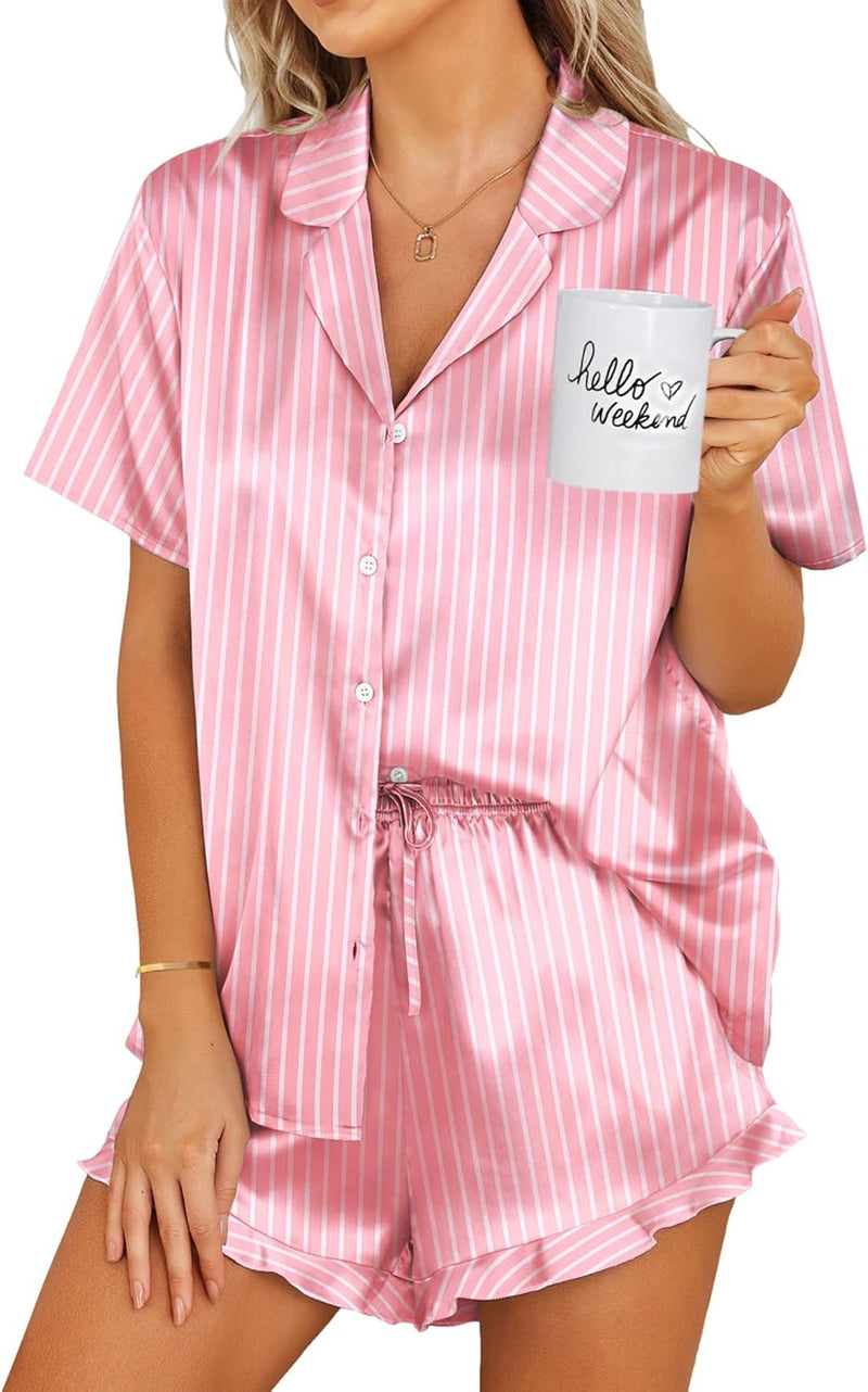 Ekouaer Womens Satin Pajamas Set Button Down 2 Piece Silk Pjs Shorts Set Ruffle Lingerie Notch Collar Sleepwear-49