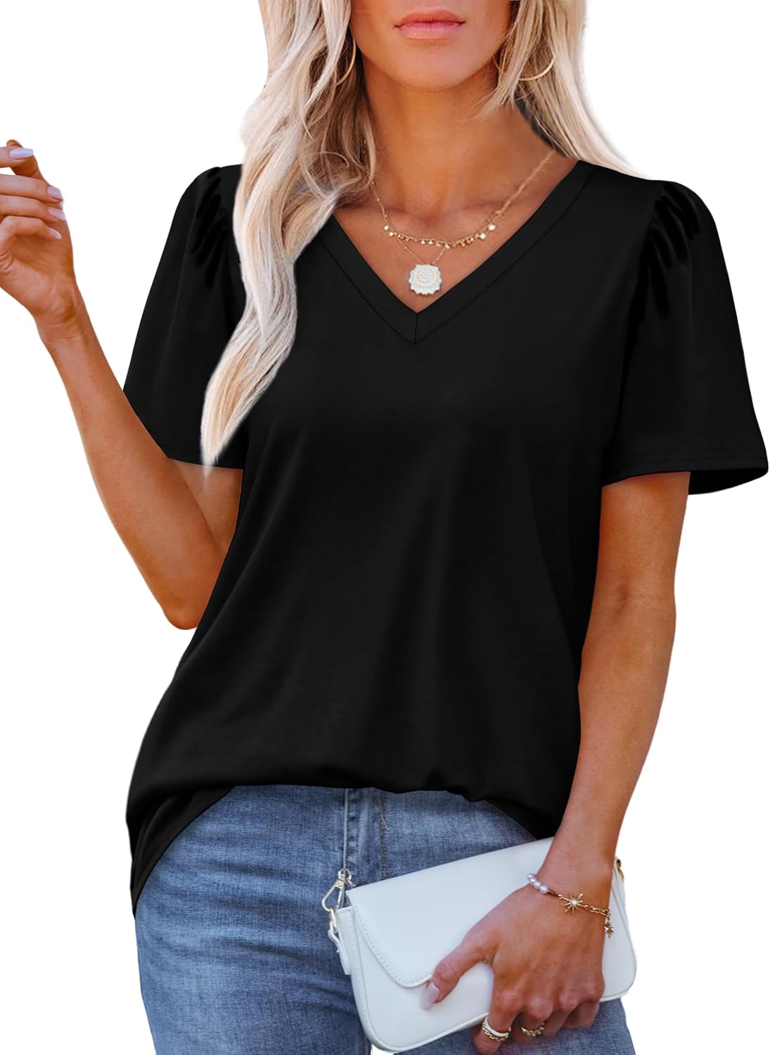 OFEEFAN T Shirts for Women V Neck Dressy Casual Blouses Puff Short Sleeve Summer Tops Loose Fit-57