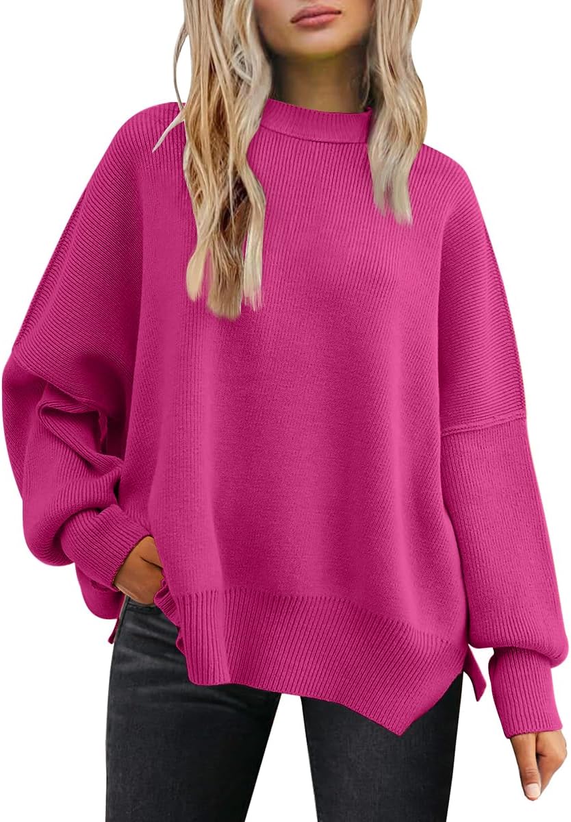 LILLUSORY Women's Oversized Batwing Sweaters 2025 Fall Outfits Trendy Crewneck Knit Side Slit Fashion Pullover Tops-25