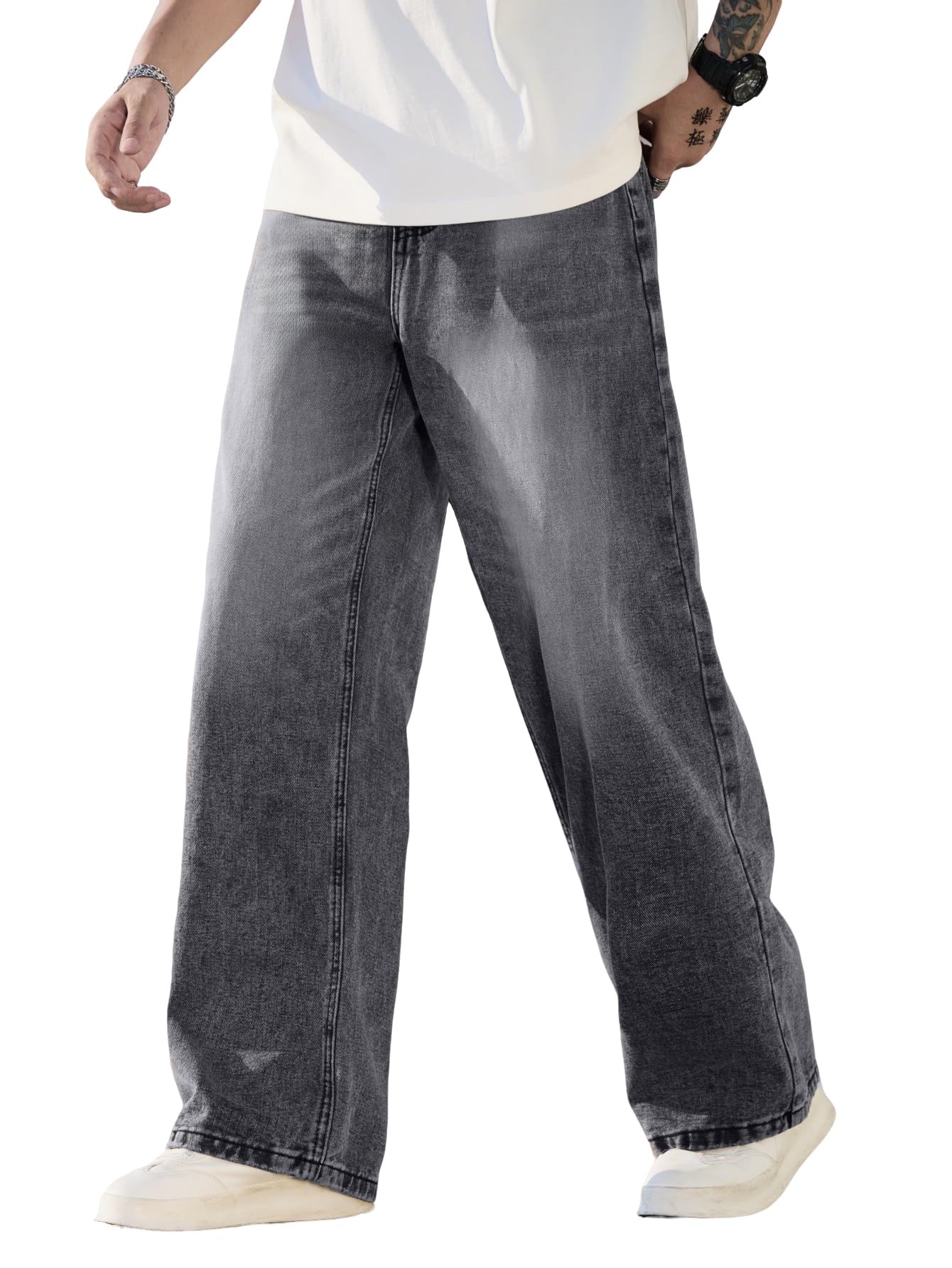 Mens Wide Leg Baggy Jeans Y2k Casual Fashion Loose Denim Pants Work Office Streetwear-57