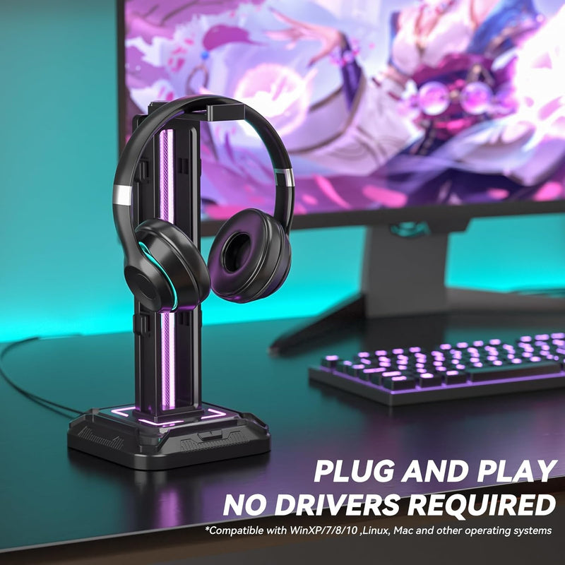 KDD RGB Headset Stand with 9 Light Modes - Controller Holder for Desk - Rotatable Headphone Stand & Detachable Controller Hook for PC Earphone Accessories(Black)