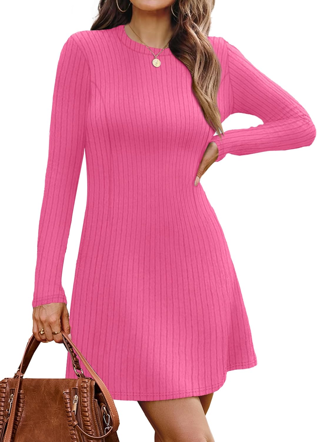 OFEEFAN Fall Dresses for Women 2025 Long Sleeve Crew Neck Sweater Dress-17