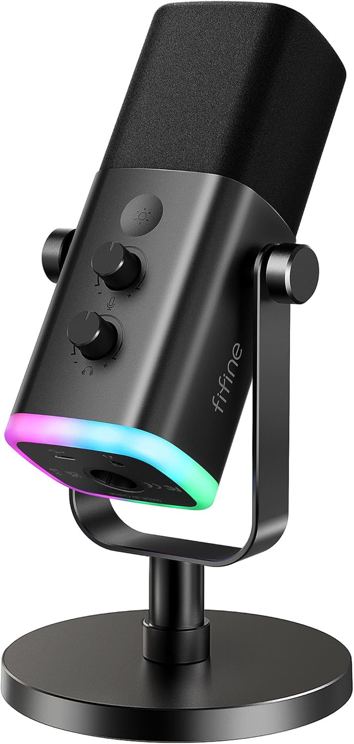 FIFINE USB/XLR Dynamic Microphone for Podcast Recording, PC Computer Gaming Streaming Mic with RGB Light, Mute Button, Headphones Jack, Desktop Stand, Vocal Mic for Singing YouTube-AmpliGame AM8
