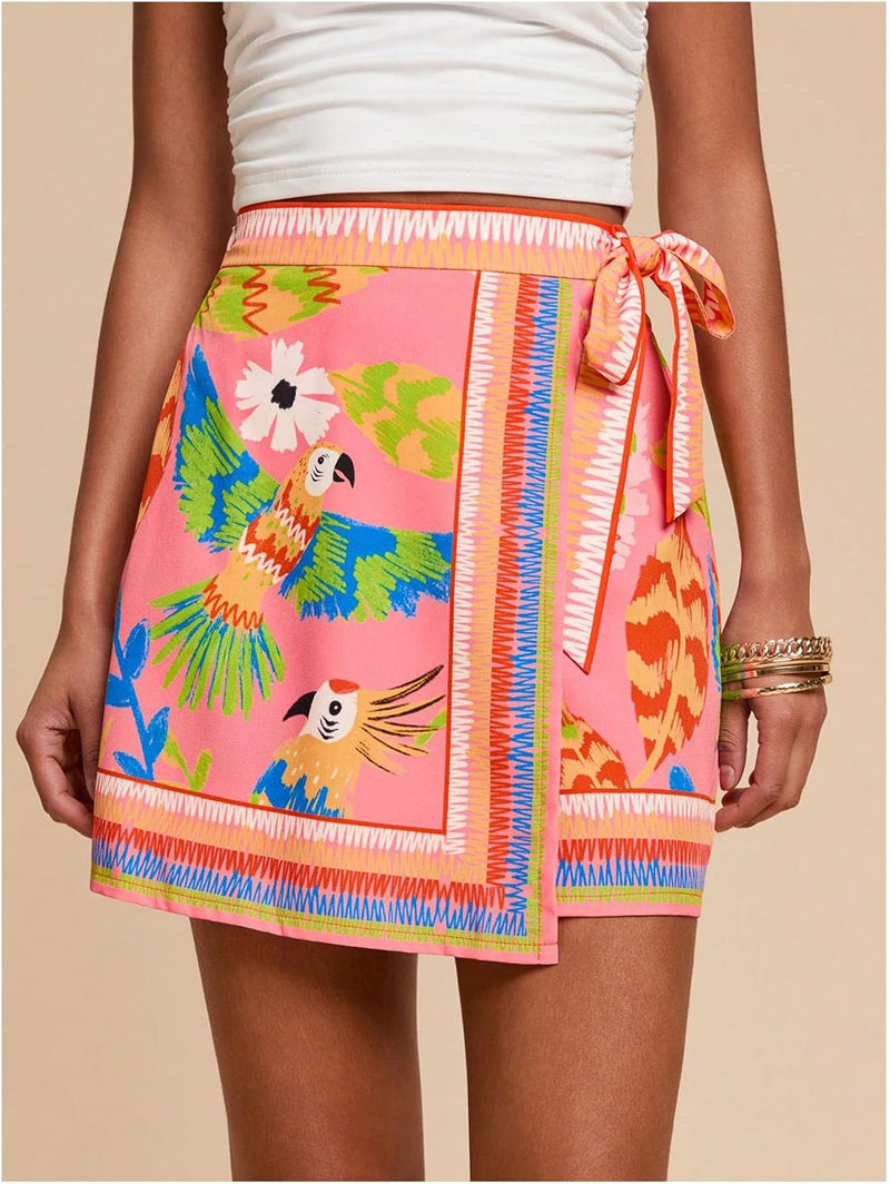 MAKEMECHIC Women's Summer Boho Wrap Mini Skirt Beach Vacation Short Skirts