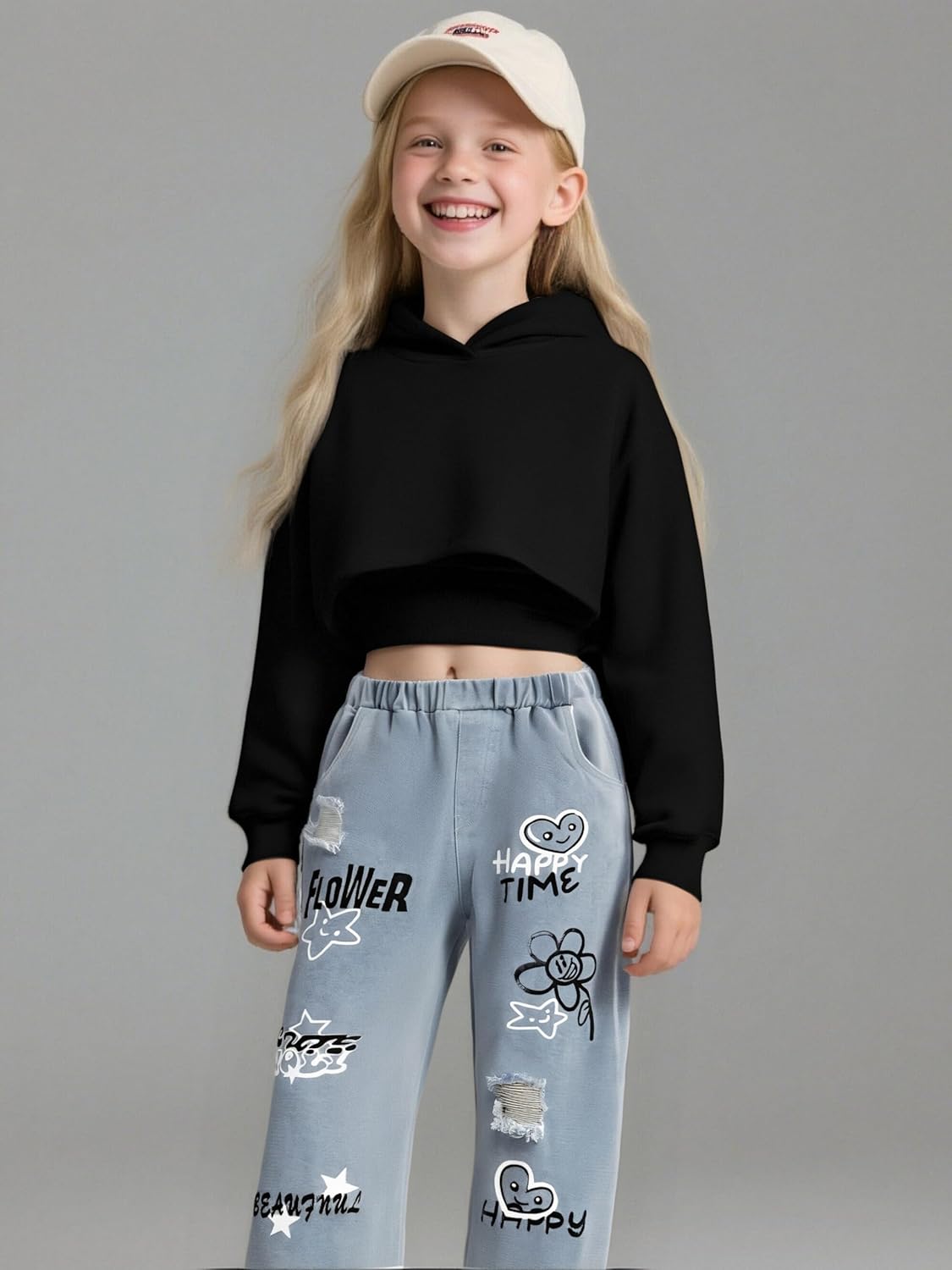Voxikidio Size 5-10 Years Girls 3PCS Fashion Outfits Set - Cropped Hoodie + Cami Top + Printed Jeans 3-Piece Set