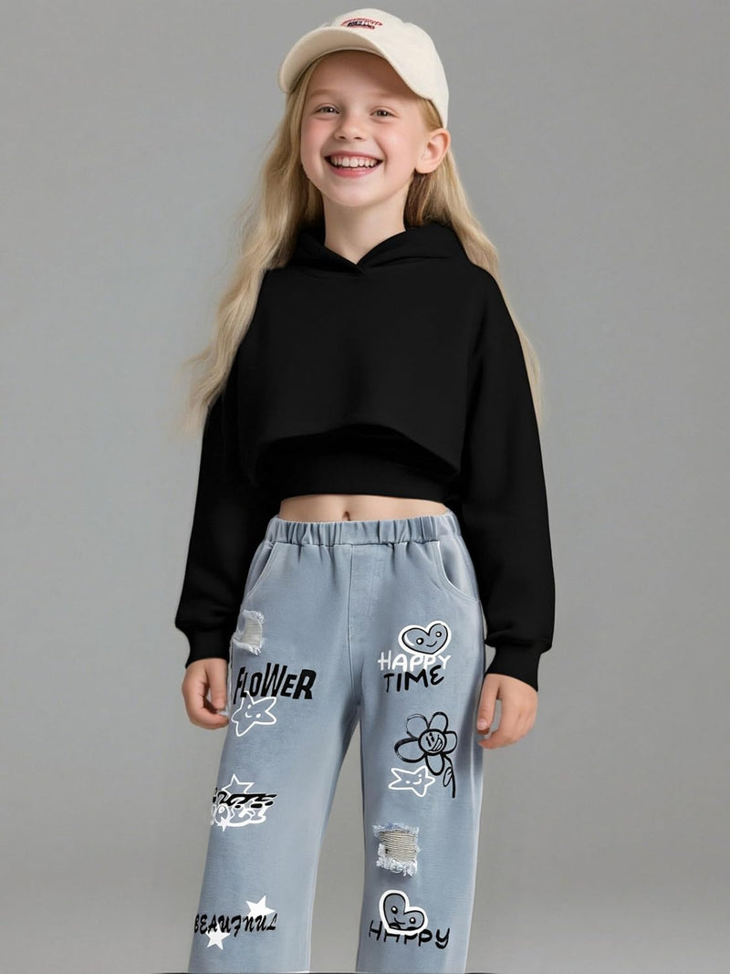 Voxikidio Size 5-10 Years Girls 3PCS Fashion Outfits Set - Cropped Hoodie + Cami Top + Printed Jeans 3-Piece Set