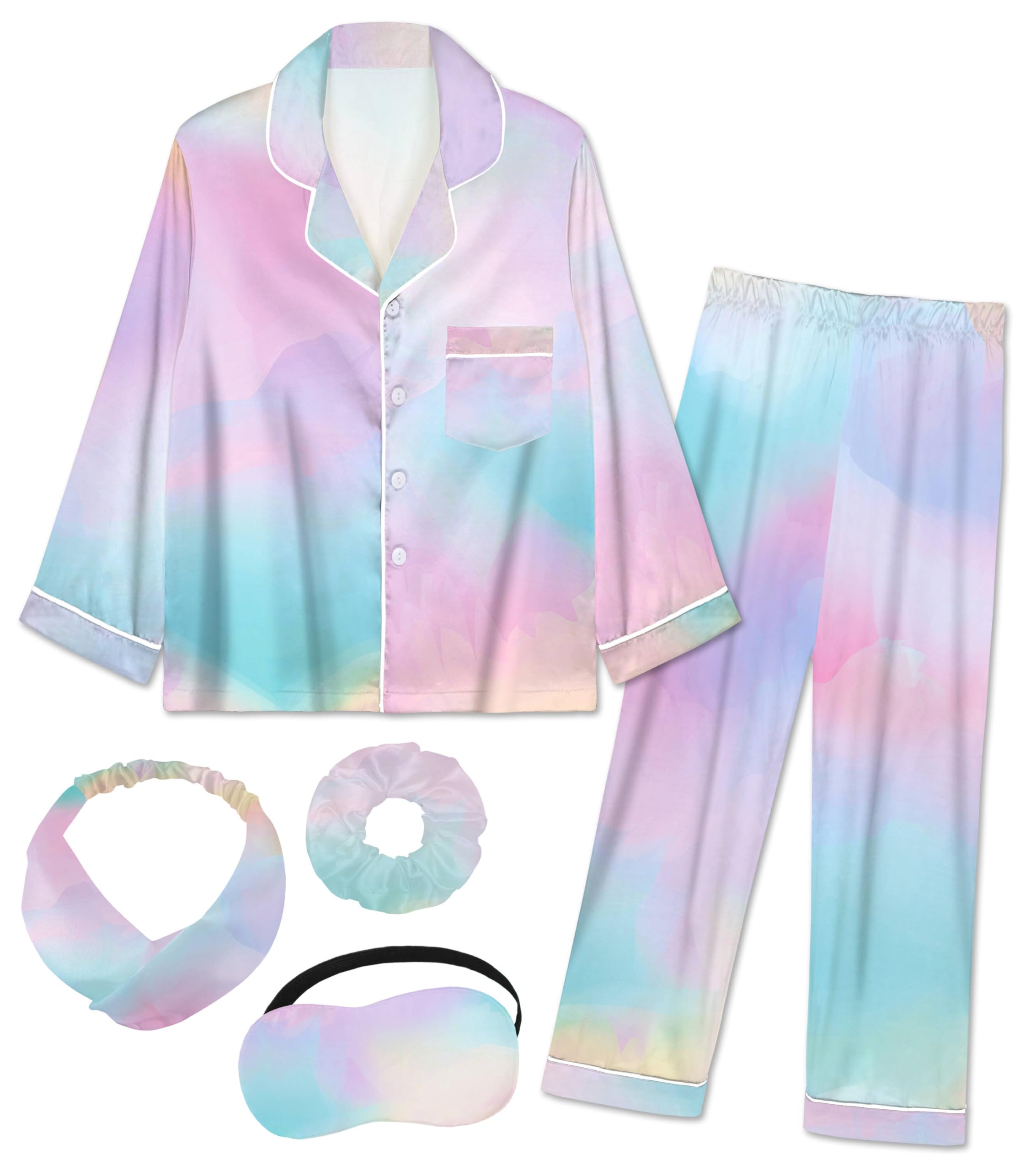 EPLAZA Kids Satin Pajamas Sets Girls Boys Button-Down Silky Pajamas Sleepwear with Hairband Eye Mask Hair Tie