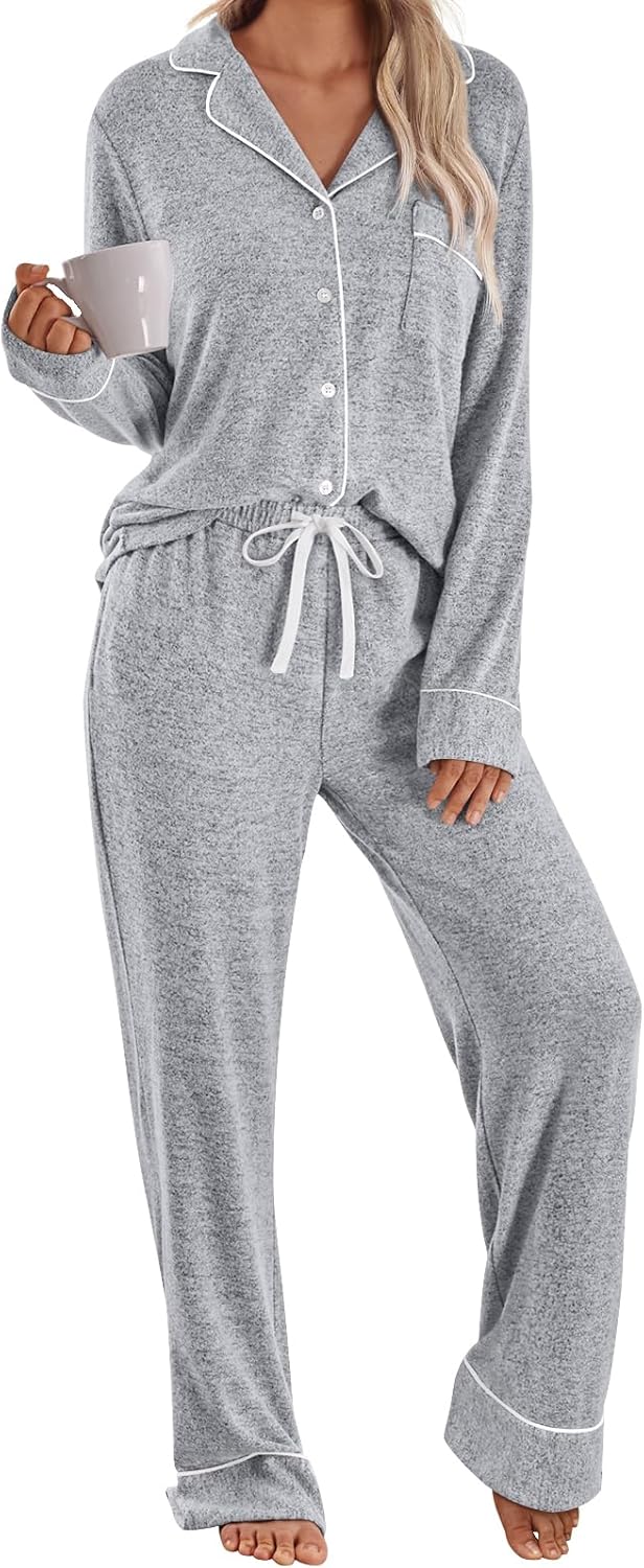 LILLUSORY Women's Long Sleeve Pajama Set - Soft Button-Down Top & Comfortable Drawstring Pants with Pockets-35