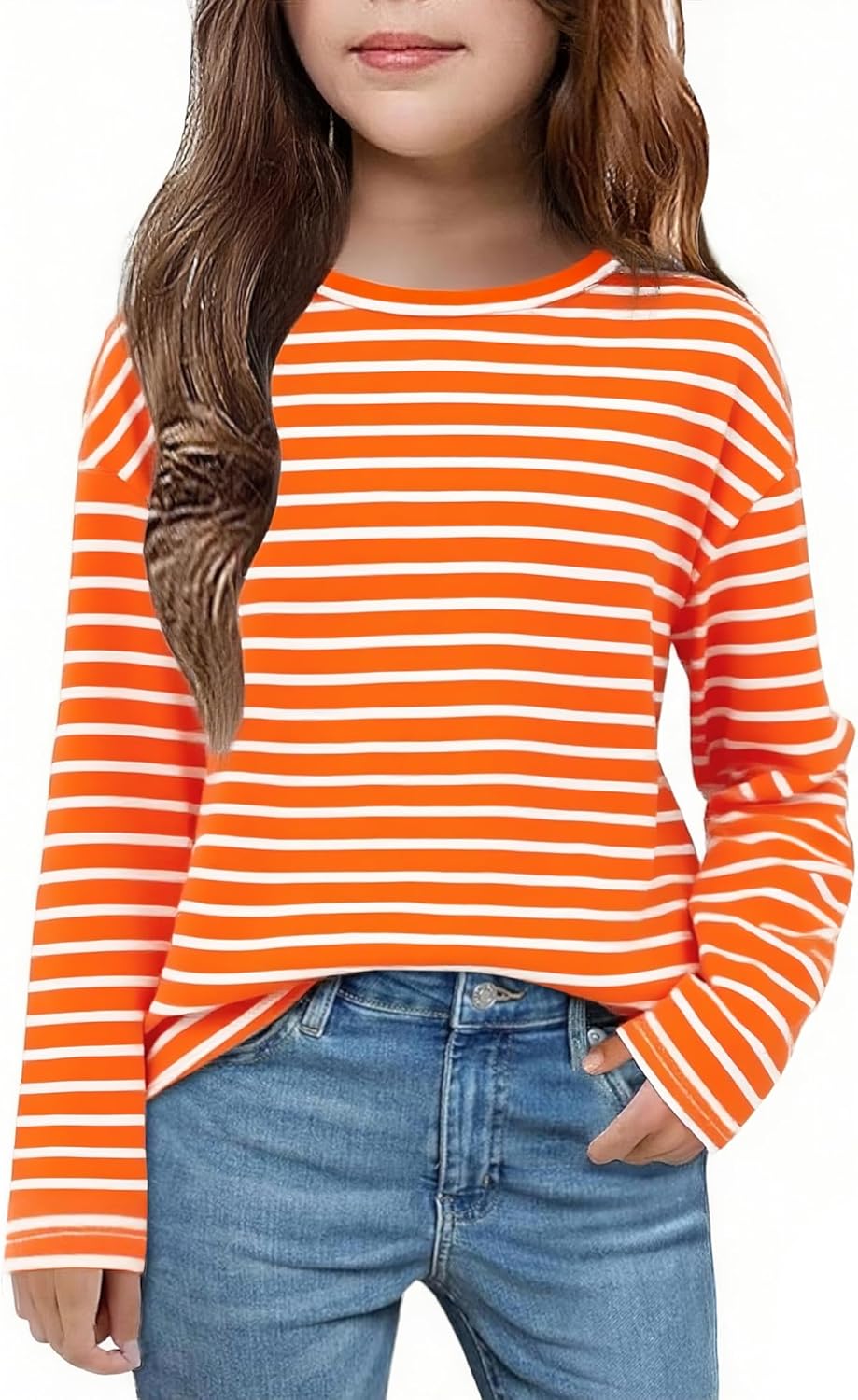 Arshiner Girls Striped Long Sleeve Shirts Drop Shoulder Casual Fashionable Crewneck Blouse Tee Tops