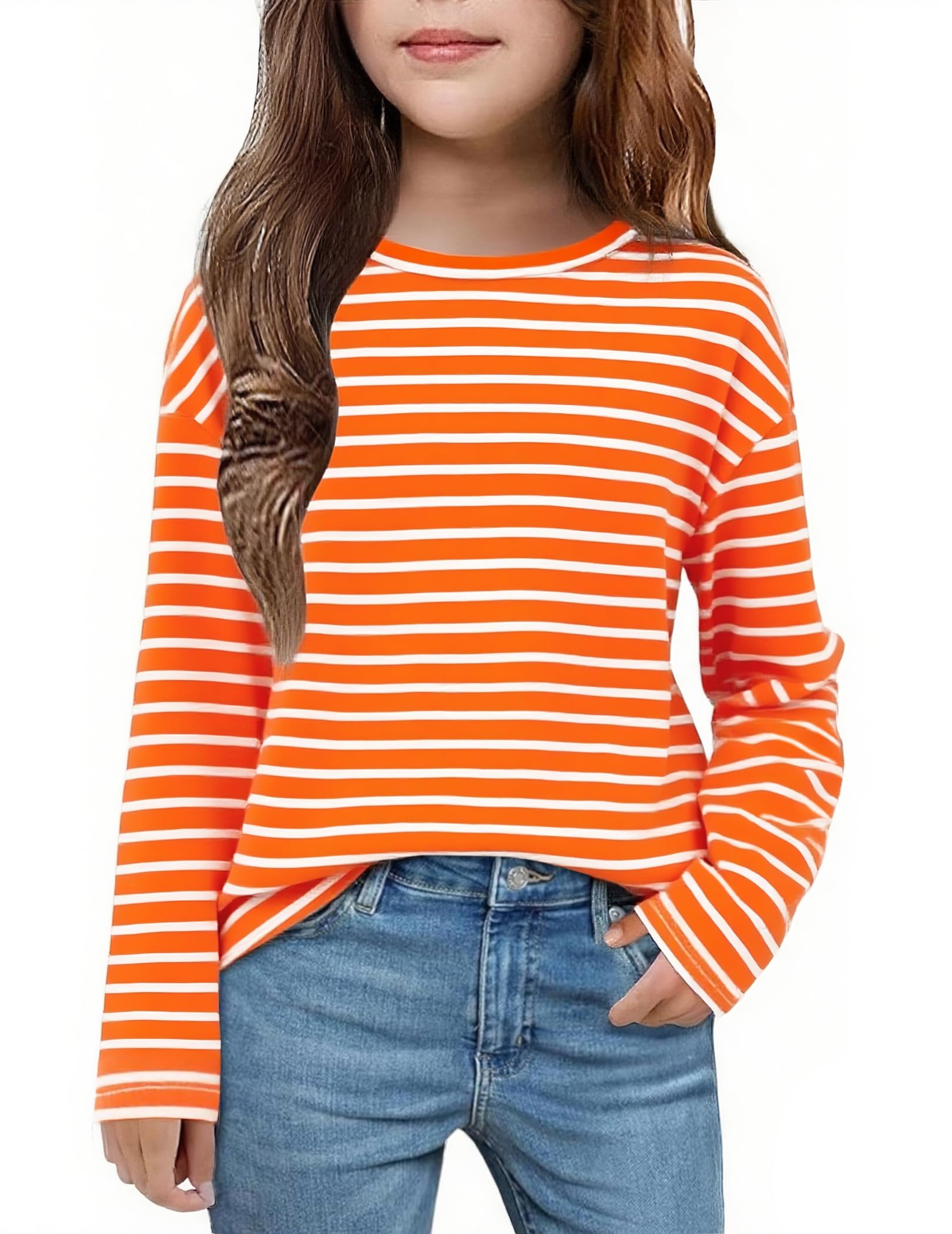 Arshiner Girls Striped Long Sleeve Shirts Drop Shoulder Casual Fashionable Crewneck Blouse Tee Tops