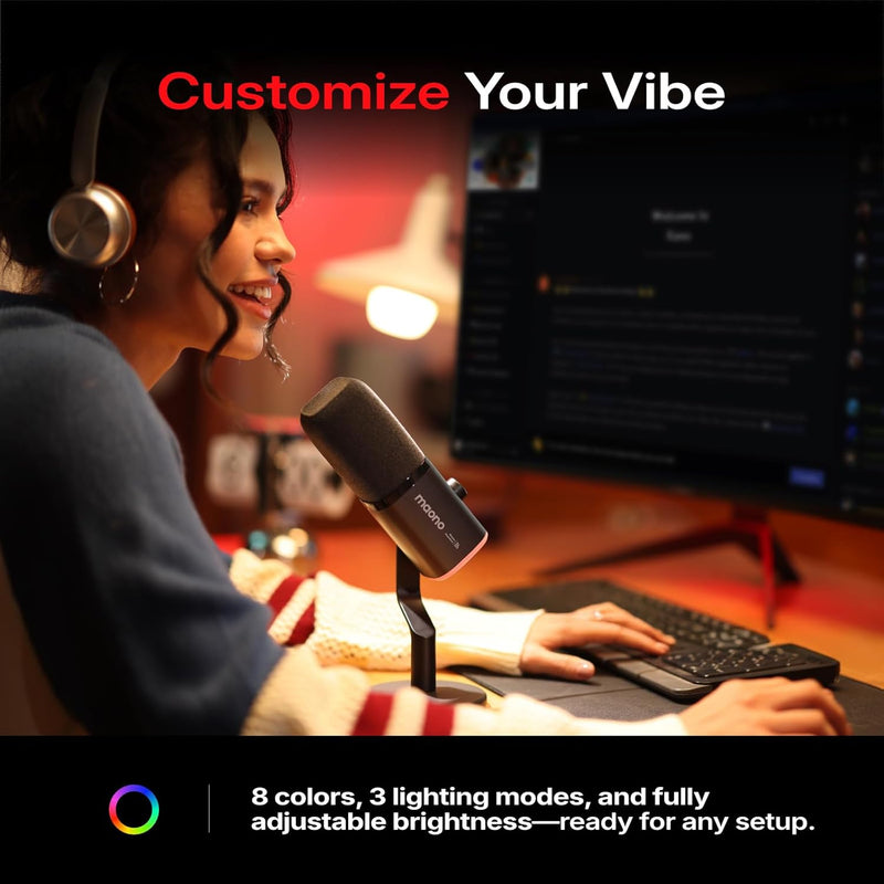 MAONO PD100W USB Wireless Microphone for PC, Gaming Streaming Dynamic Mic with One-Click Noise Reduction,Mute Button,Custom RGB, 3.5mm Headphone Jack, Desktop Podcasting Mic for Computer Phone, Black