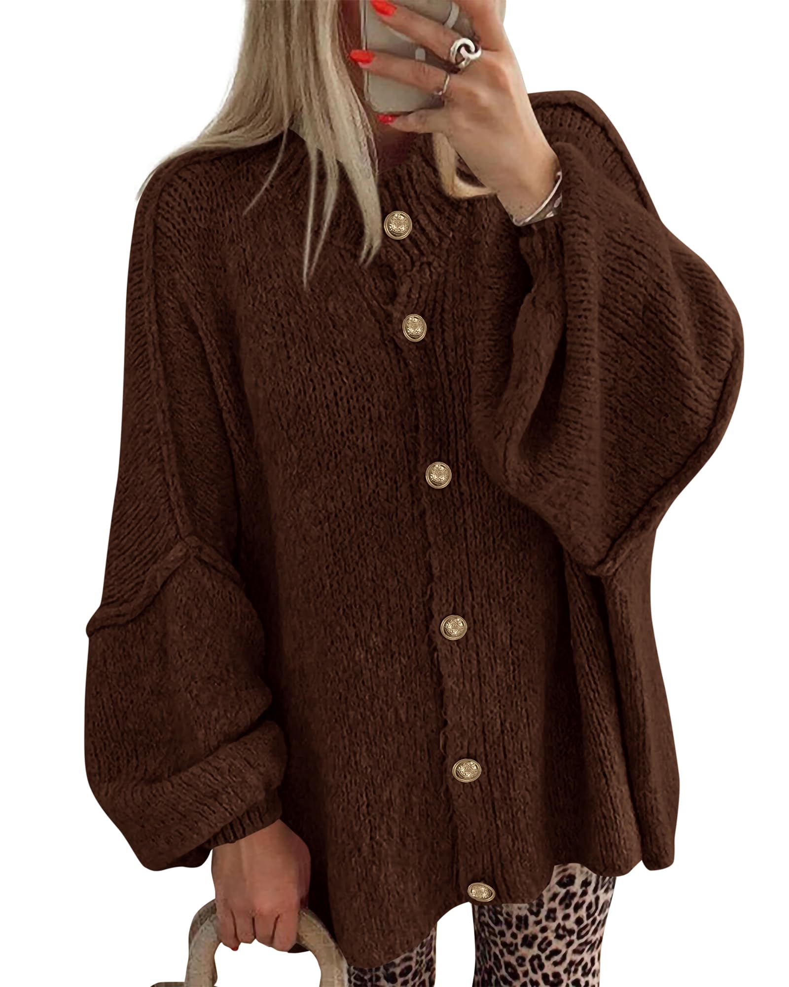 BTFBM Cardigan Sweaters for Women 2026 Fall Clothes Lantern Long Sleeve Button Open Front Chunky Knit Oversized Sweater