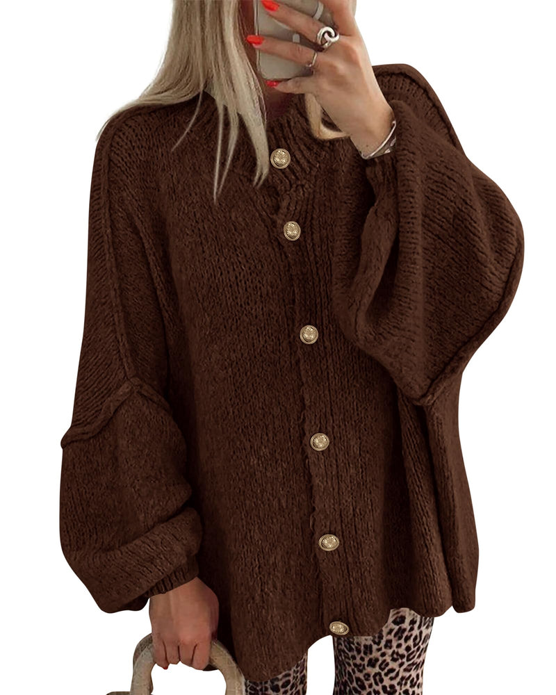 BTFBM Cardigan Sweaters for Women 2026 Fall Clothes Lantern Long Sleeve Button Open Front Chunky Knit Oversized Sweater-2