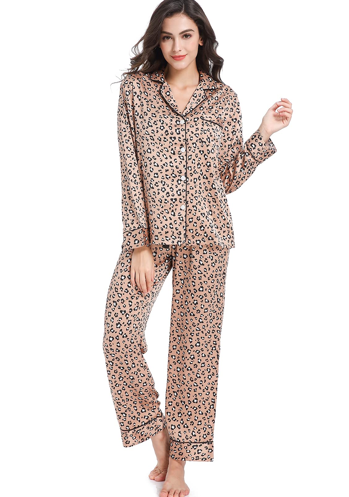 Women's Satin Pajama Set Long Sleeve Button Down Sleepwear 2-Piece Silky Pj Set-84