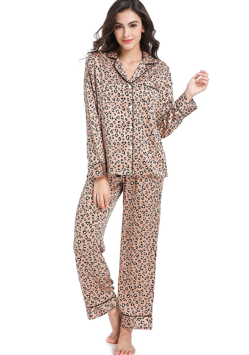 Women's Satin Pajama Set Long Sleeve Button Down Sleepwear 2-Piece Silky Pj Set-91