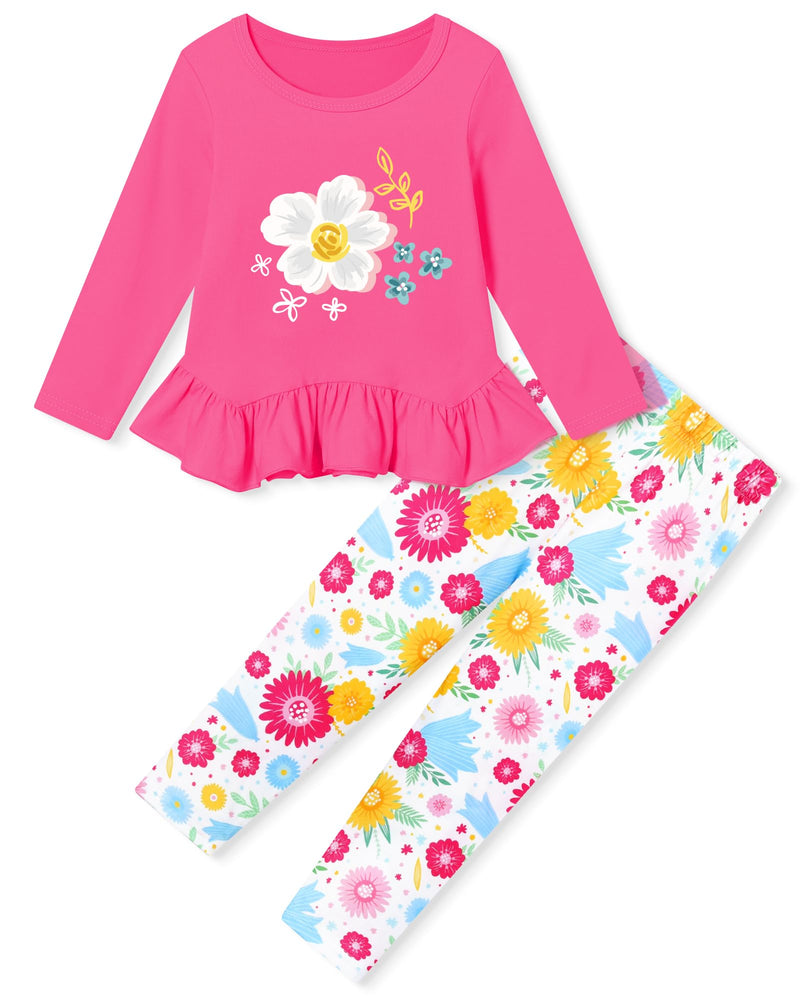 CARETOO Toddler Girl Clothes Girl 2pcs Fall Winter Outfit Ruffle Hem Top and Full-print Patterned Pants 2-7 Years