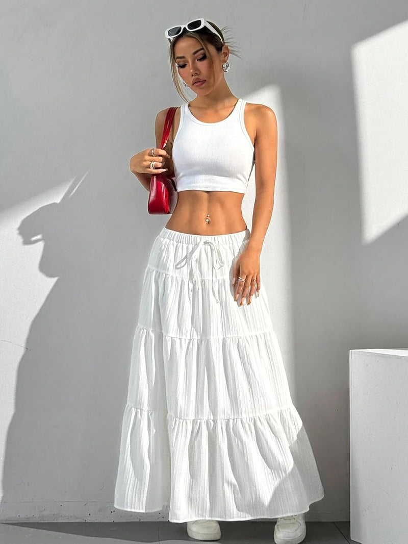 Maxi Skirts for Women Ruffle Hem A Line Long Skirts Elastic Waist Elegant Tiered Layer Boho Long Dress