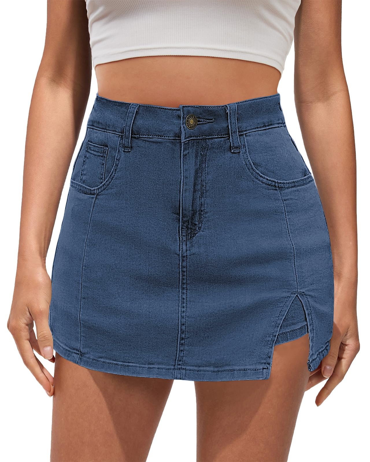 Vetinee Jean Skorts for Woman High Waisted Trendy Slit Stretchy Denim Skirt with Shorts Y2K Casual Summer Skorts Skirts