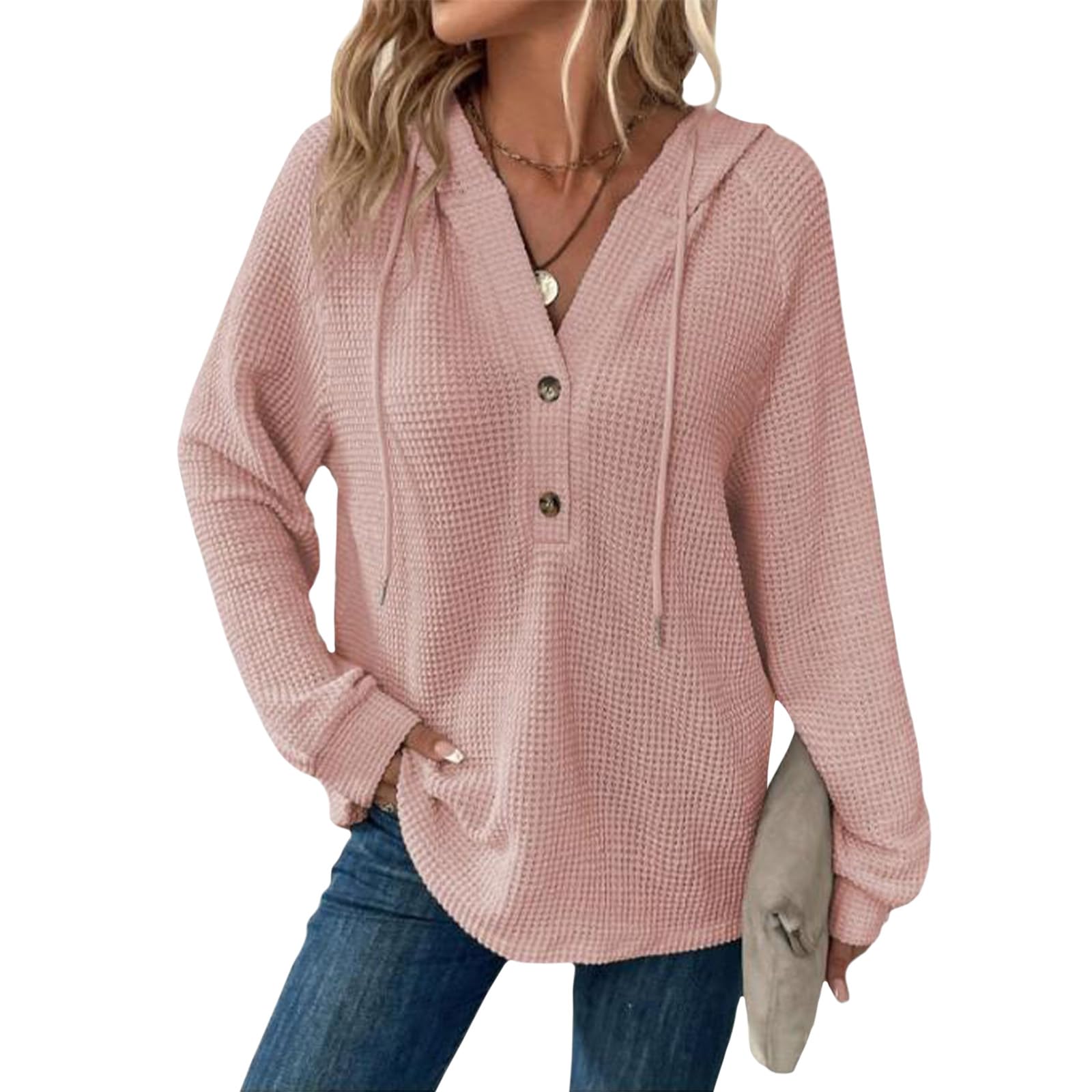 Hoodies for Women Comfortable Waffle Knit Long Sleeve Drawstring Button V Neck Casual Pullover Sweatshirt Hooded Tops-61