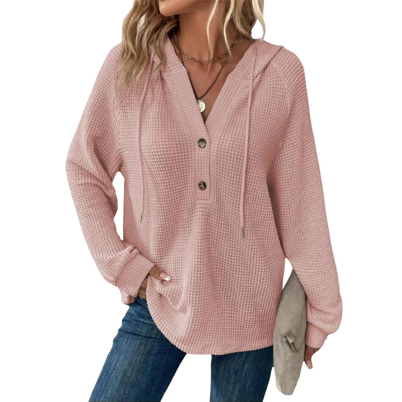 Hoodies for Women Comfortable Waffle Knit Long Sleeve Drawstring Button V Neck Casual Pullover Sweatshirt Hooded Tops-6