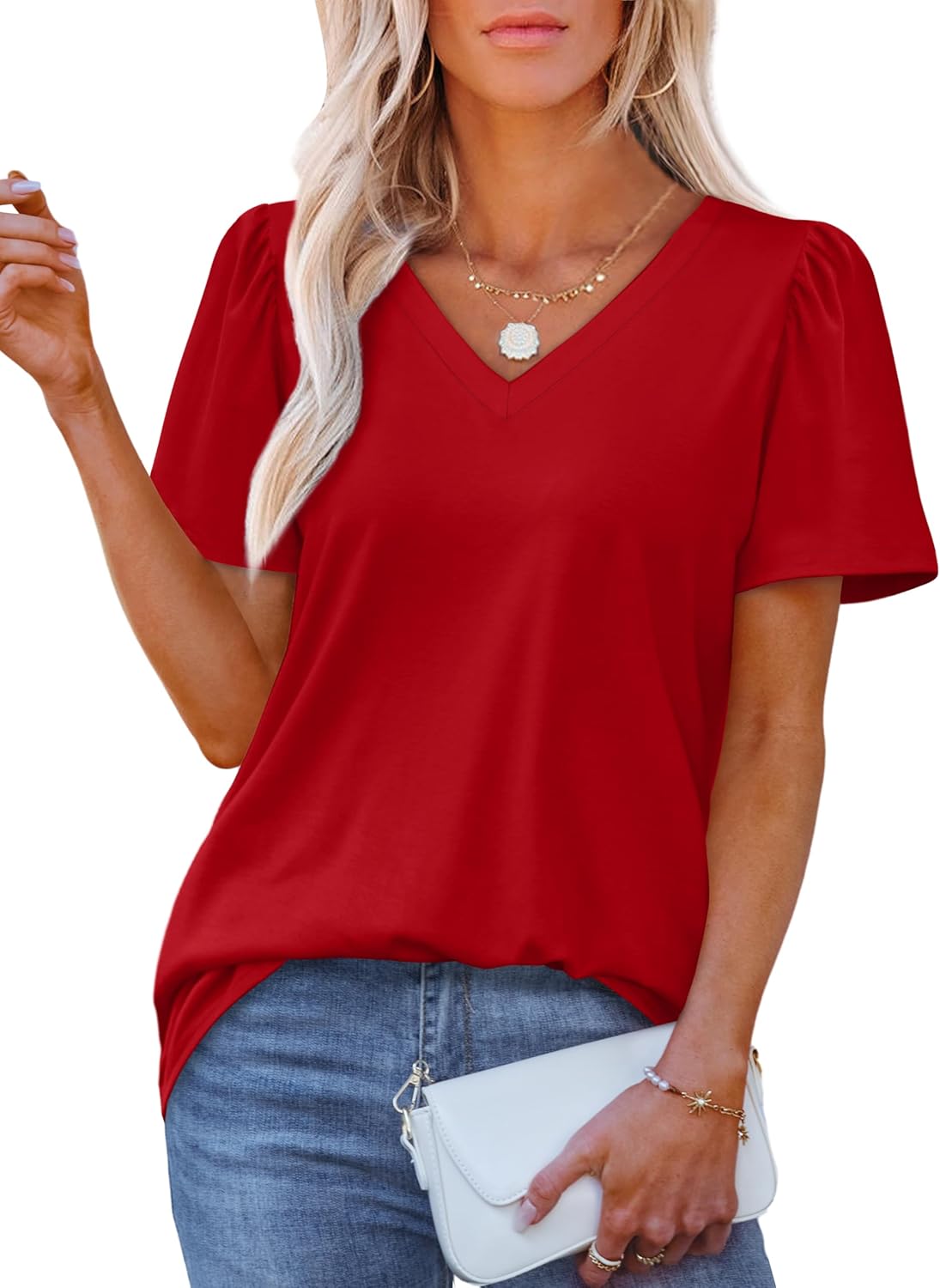OFEEFAN T Shirts for Women V Neck Dressy Casual Blouses Puff Short Sleeve Summer Tops Loose Fit-49