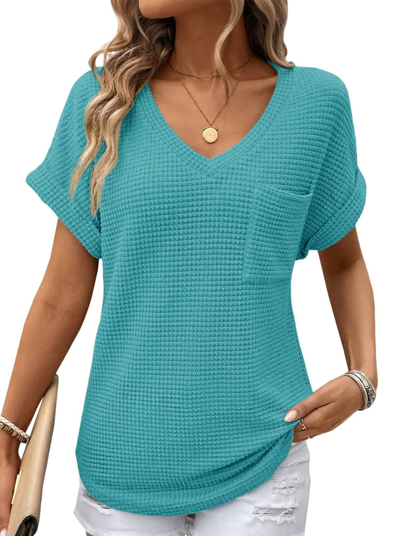 Dokotoo Womens Waffle Knit Tops 2026 Spring Summer V Neck Shirts Casual Trendy Women's Blouses Basic Tee-6