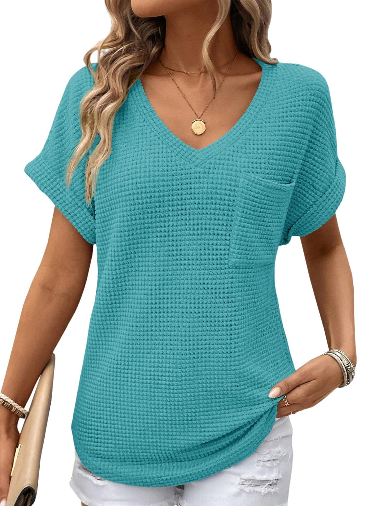 Dokotoo Womens Waffle Knit Tops 2026 Spring Summer V Neck Shirts Casual Trendy Women's Blouses Basic Tee-30