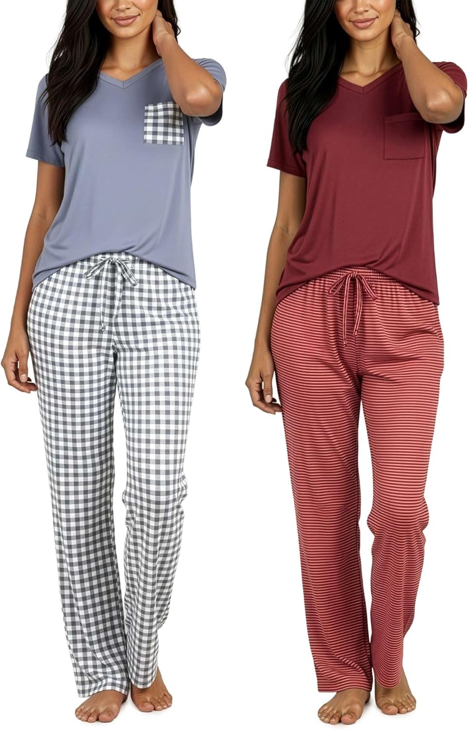 Real Essentials 2 Pack: Women's Comfy Pajama Sets - Short & Long Sleeve Ladies Loungewear Sleepwear PJs (Available In Plus)-7