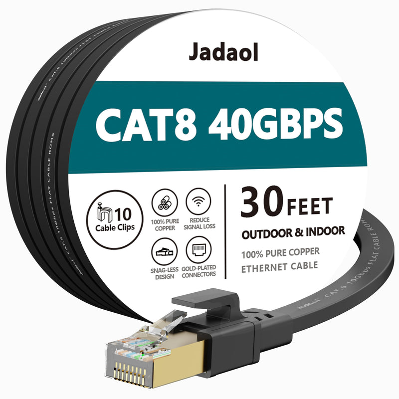 Jadaol Cat8 Ethernet Cable 100ft 40Gbps 2000MHz Flat S/FTP LAN Cable White