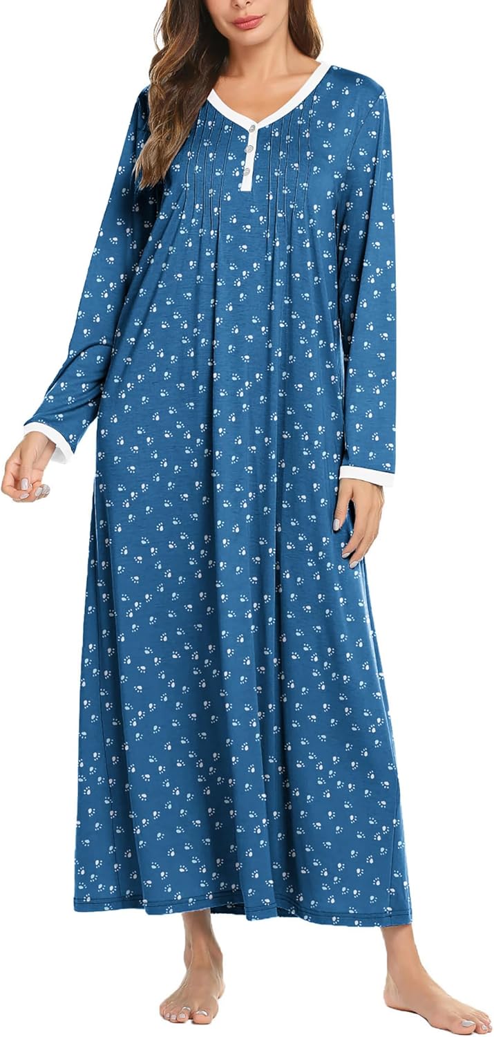 Ekouaer Women's Long Sleeve Nightgown Full Length Sleepwear Long Sleepshirts Henley Sleep Dress S-4XL-54