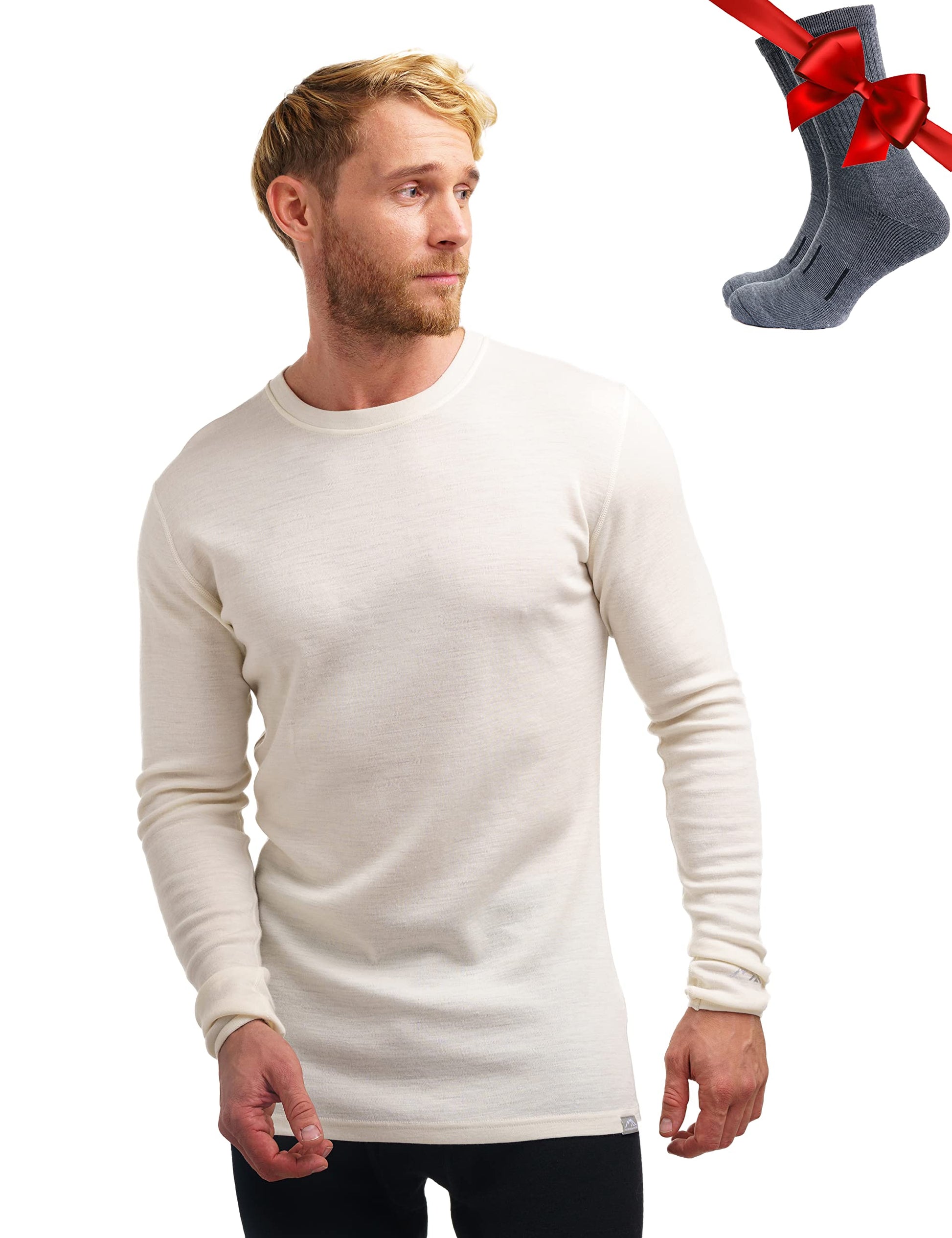 Merino.tech Merino Wool Base Layer - Mens 100% Merino Wool Long Sleeve Thermal Shirts Heavyweight, Midweight, Lite with Socks-46