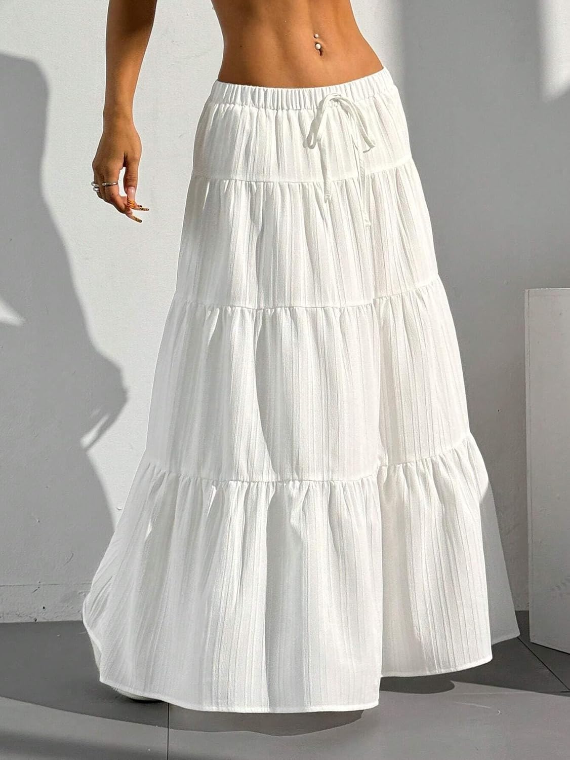 Maxi Skirts for Women Ruffle Hem A Line Long Skirts Elastic Waist Elegant Tiered Layer Boho Long Dress