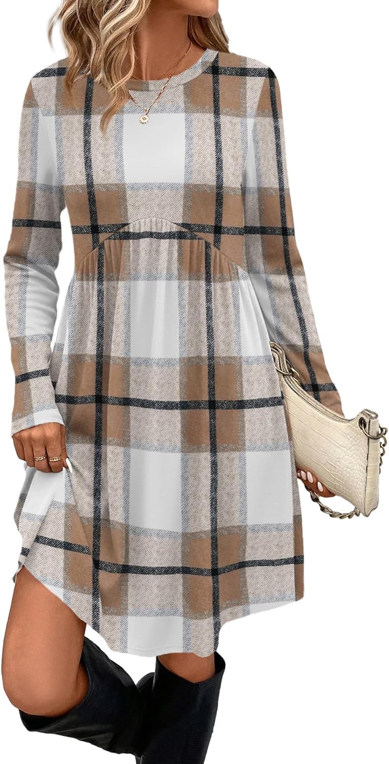 OFEEFAN Long Sleeve Dress for Women Crew Neck Empire Waist Tunic Dress with Pockets-66