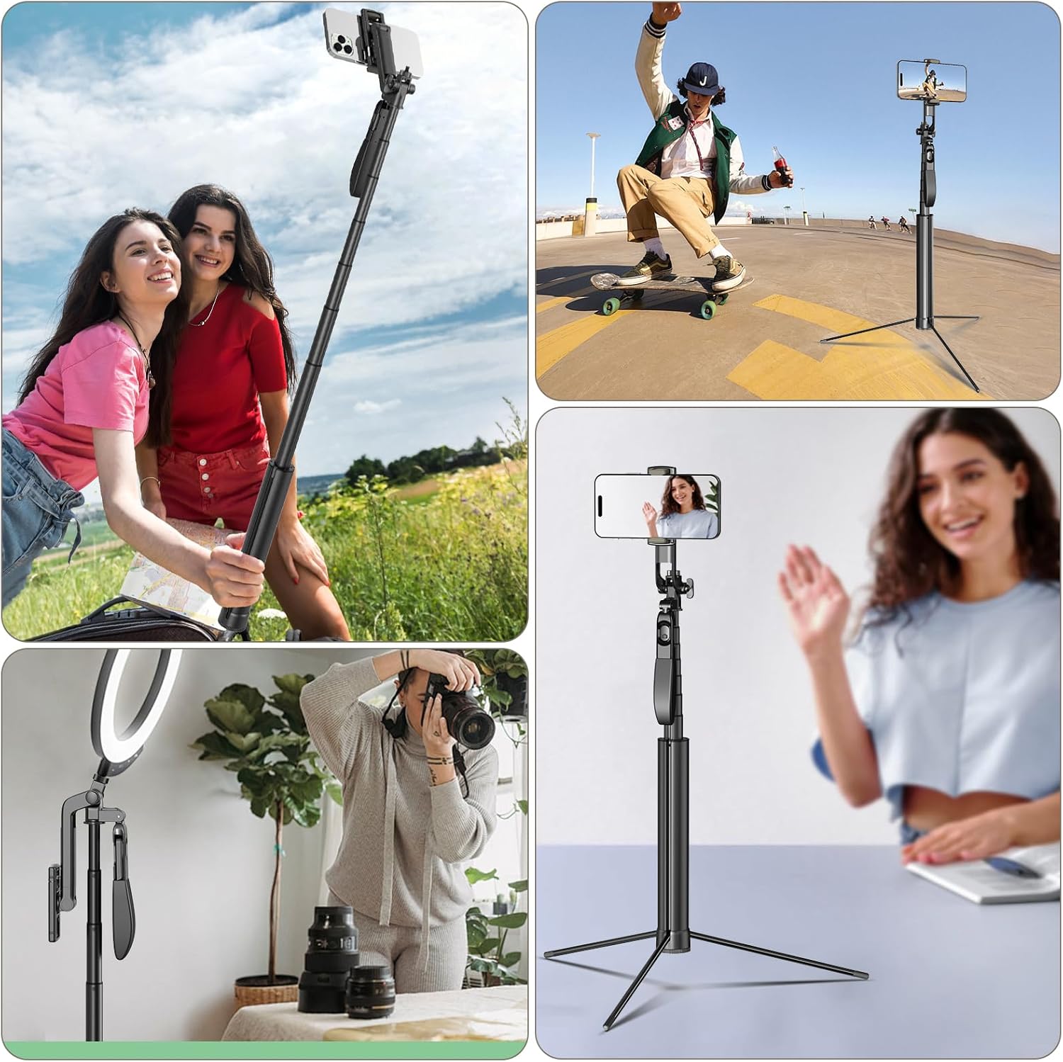Selfie Stick Travel Tripod for Cell Phone with Remote Control and Phone Holder, Extendable Selfie Stick for iPhone, iPhone Tripod for Video Recording, 72 Inch, Black