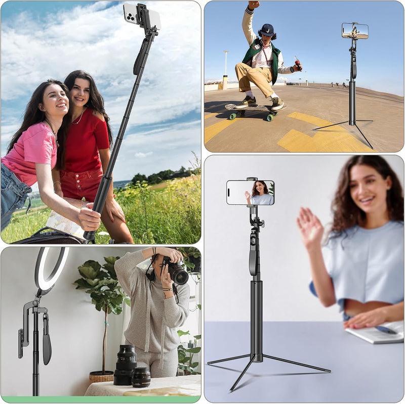 Selfie Stick Travel Tripod for Cell Phone with Remote Control and Phone Holder, Extendable Selfie Stick for iPhone, iPhone Tripod for Video Recording, 72 Inch, Black