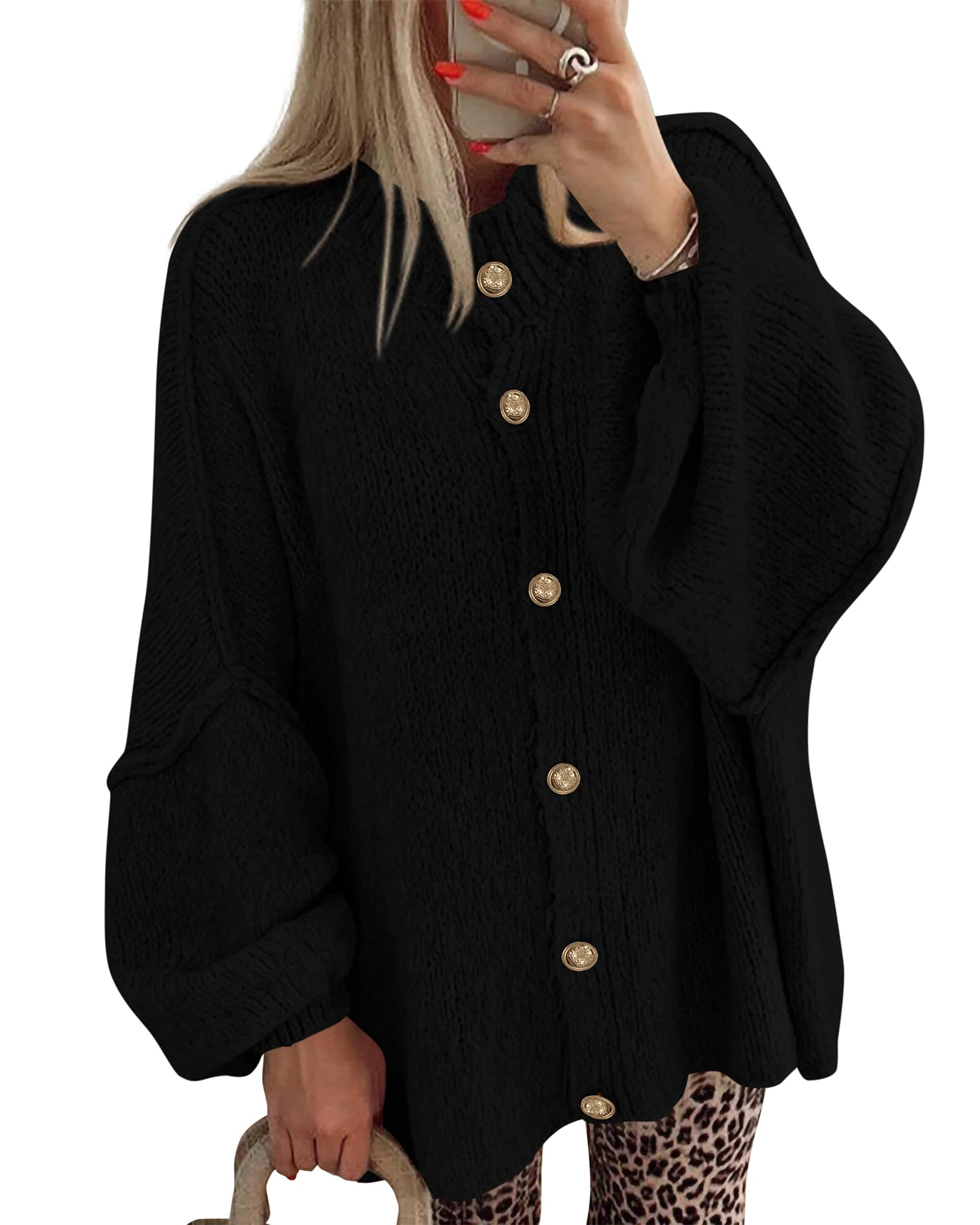 BTFBM Cardigan Sweaters for Women 2026 Fall Clothes Lantern Long Sleeve Button Open Front Chunky Knit Oversized Sweater-43