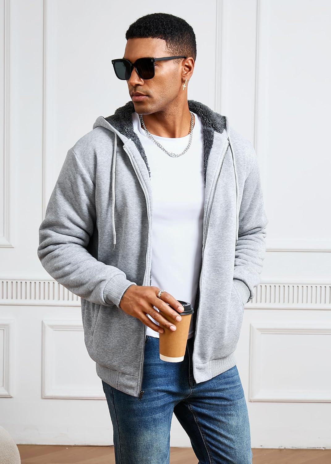 WINDFIT Men Sherpa Jacket Heavyweight Zip Hoodie Fleece Hooded
