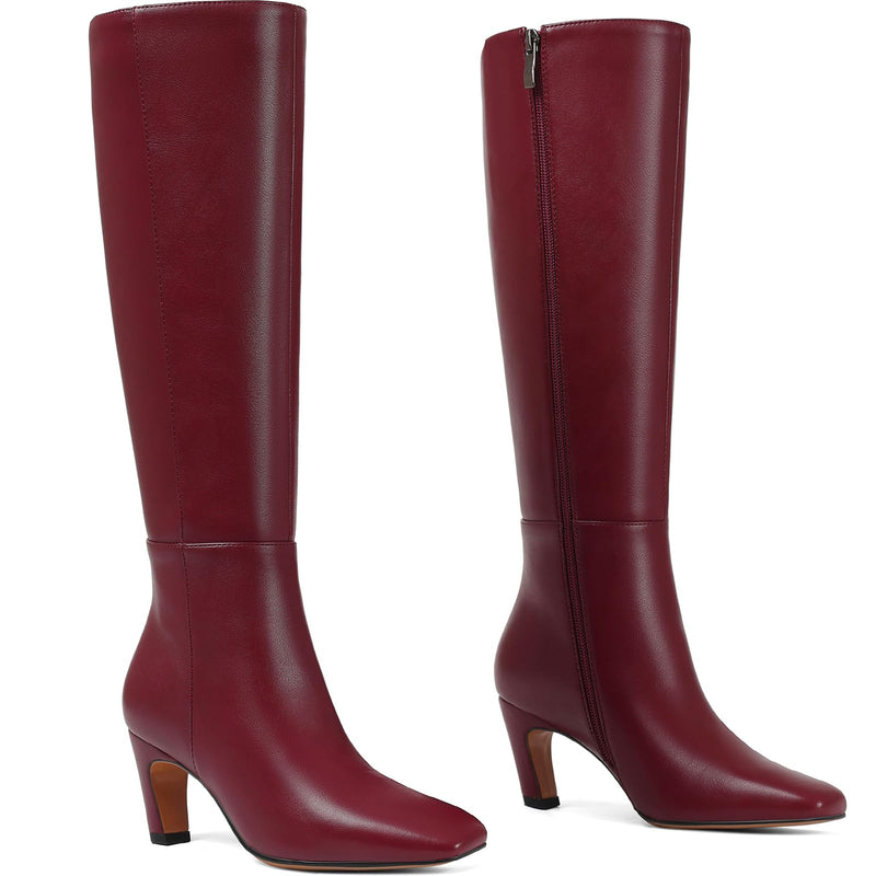 Kitten Heel Knee High Boots Women Square Toe Long Tall Boots Faux Leather Low Heel Boot Fashion Dress Casual Elastic Boots with Side Zipper-10