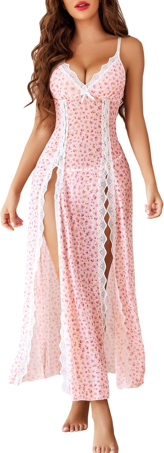 Avidlove Women Lingerie Lace Babydoll Chemise Sexy Mesh Nightdress V Neck Nightwear Side Split Nightgown-99