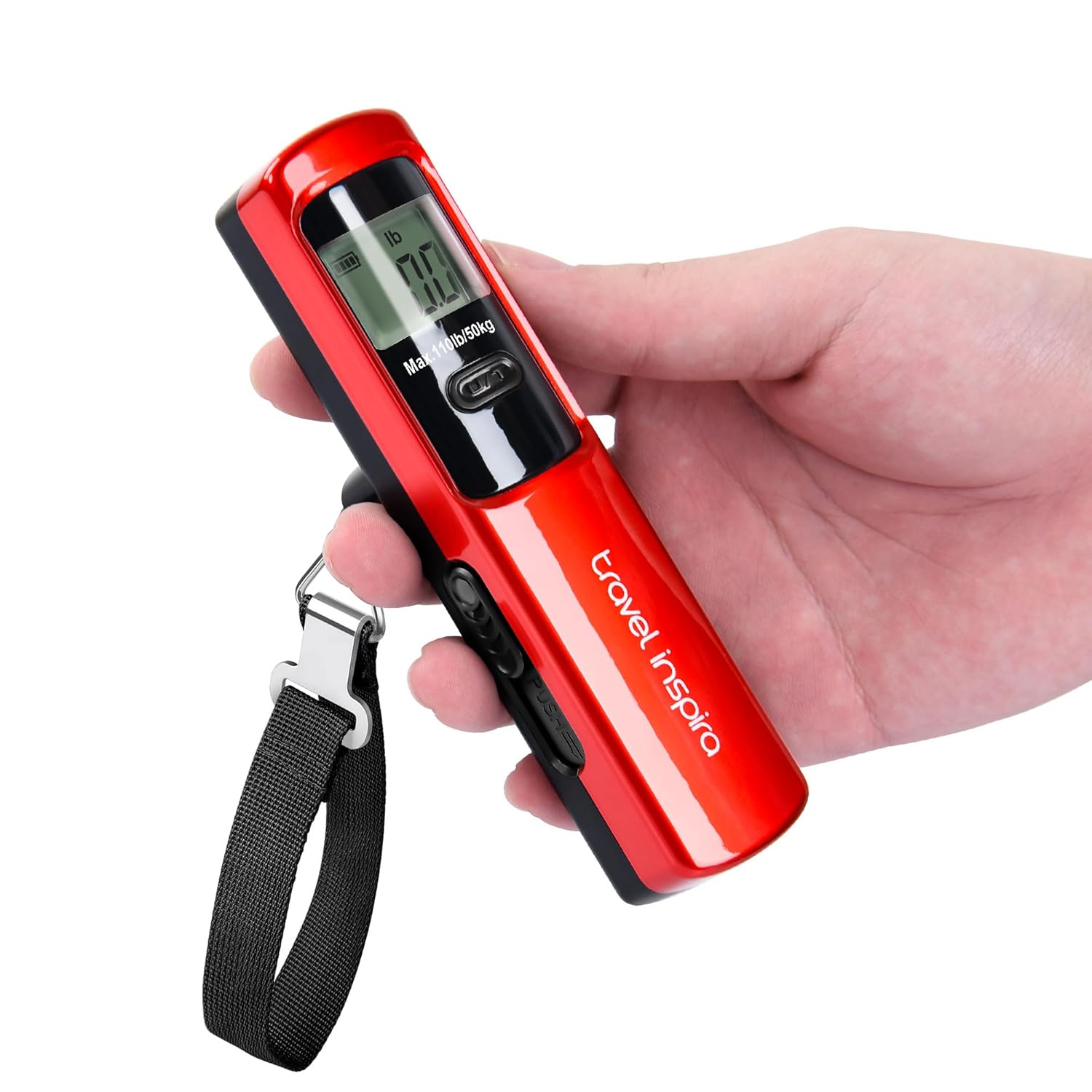 travel inspira Battery-Free Luggage Scale 110lb/50kg Digital Portable | Battery-free luggage scale, pump to power, 110lb/50kg, ±50g, lb/kg switch, tare, overload alert, travel essential