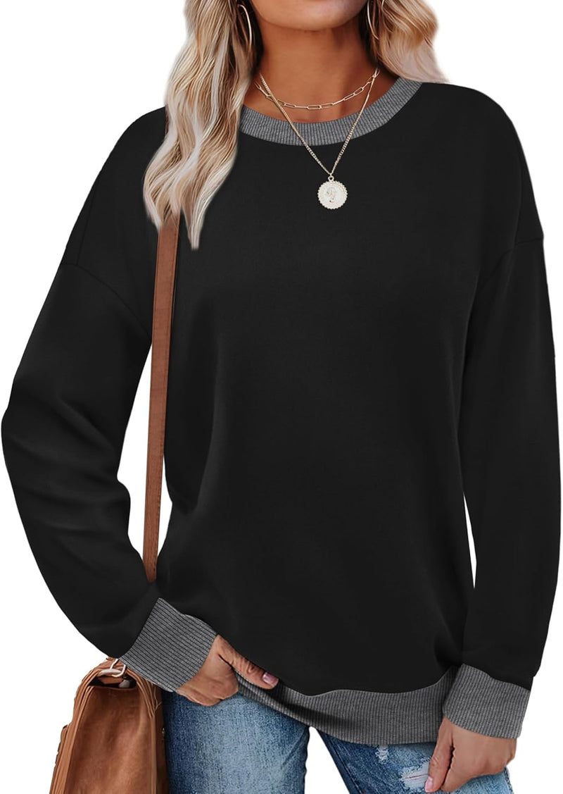 Saloogoe Sweatshirts for Women Crewneck Long Sleeve Loose Fit Tops Color Block Ribbed Trim Fashion 2025-38