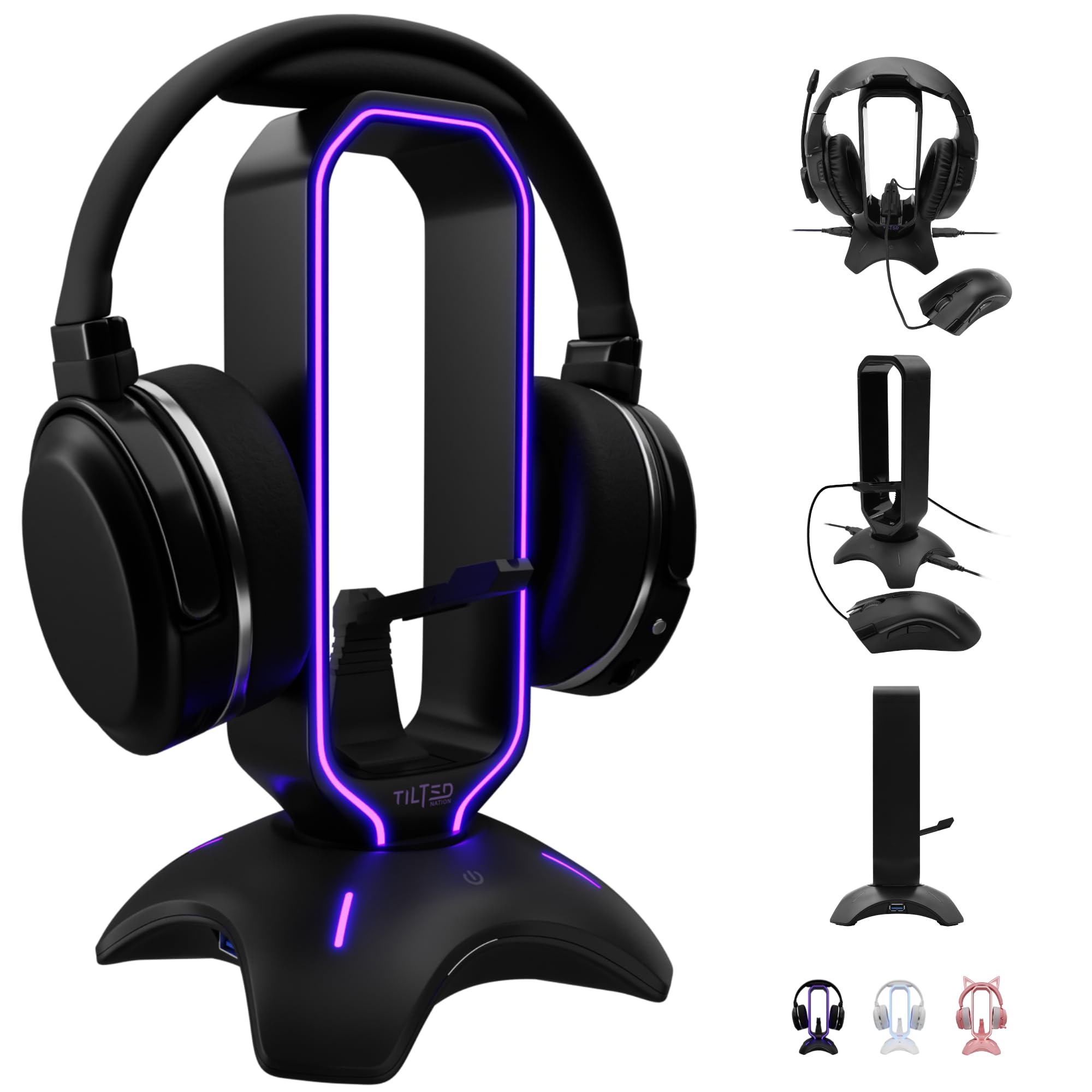 Tilted Nation Gaming Headphone Stand | RGB Headset Stand White | Headset Holder for Desk with Mouse Bungee and USB Hub | The Ultimate Gaming Accessories for Gamers for PS5, Xbox, PC - White