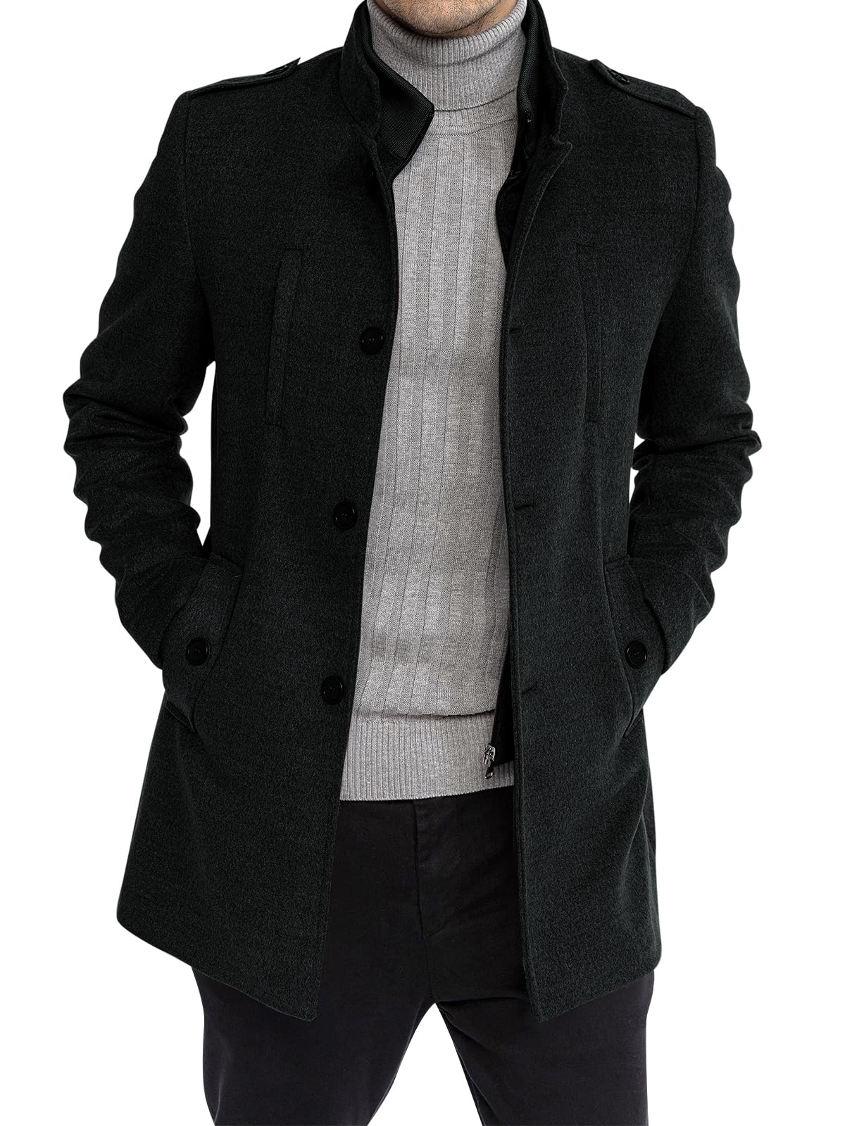 Karlywindow Mens Trench Coat Long Sleeve Stand Collar Single Breasted Pea Coat Casual Mid Long Slim Fit Overcoat with Pockets-14