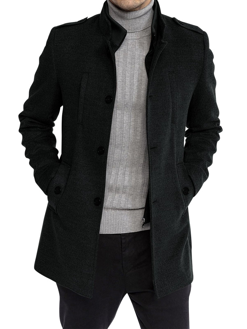 Karlywindow Mens Trench Coat Long Sleeve Stand Collar Single Breasted Pea Coat Casual Mid Long Slim Fit Overcoat with Pockets-14