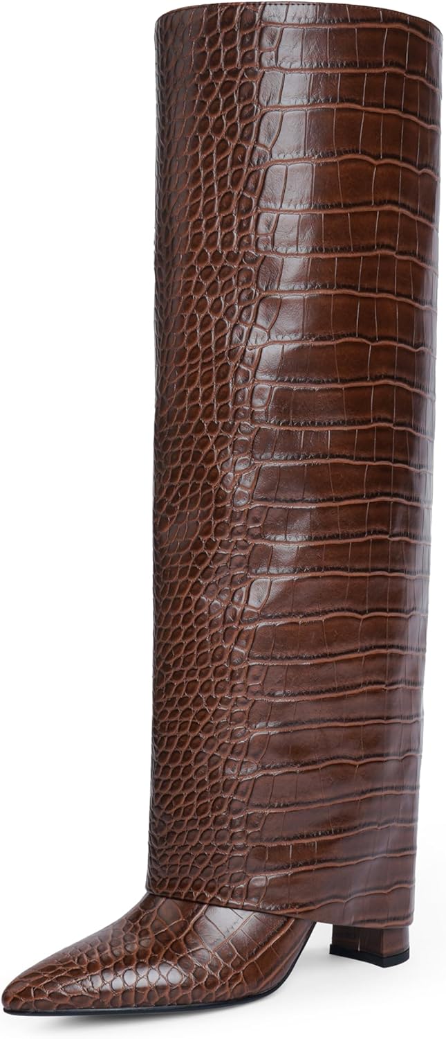 Modatope Knee High Boots Women Fold Over Knee High Boots Chunky High Heels Long Boots Zipper Pointed Toe Dress Tall Boots for Women-16