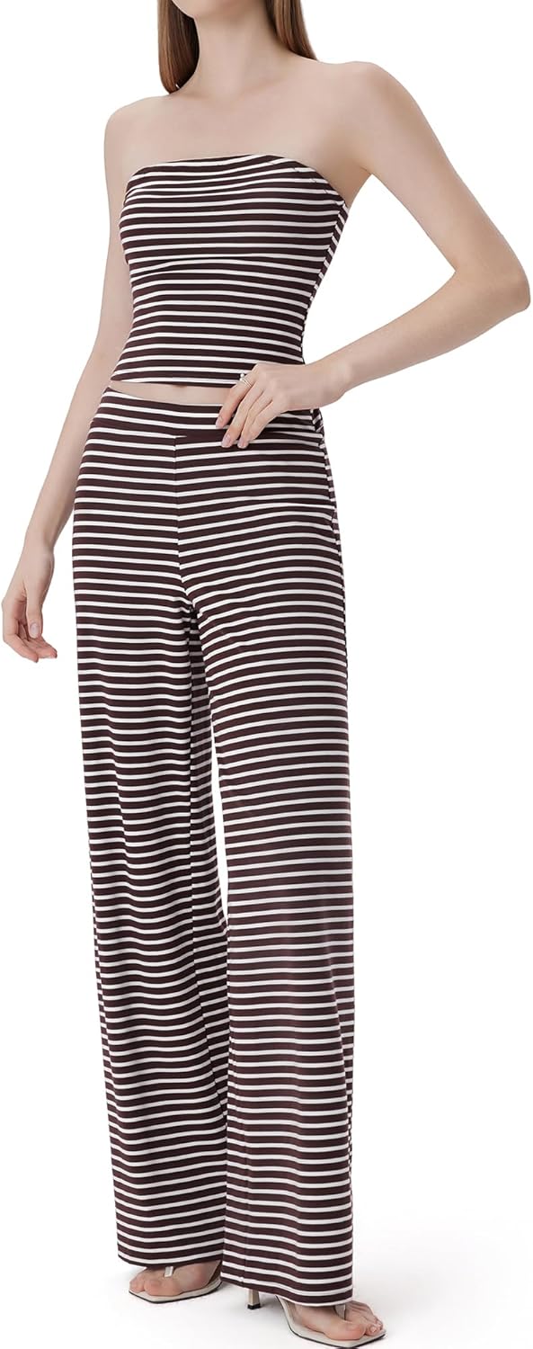 SUUKSESS Women 2 Piece Lounge Set Tube Top Wide Leg Pants Matching Sets Beach Vacation Outfits