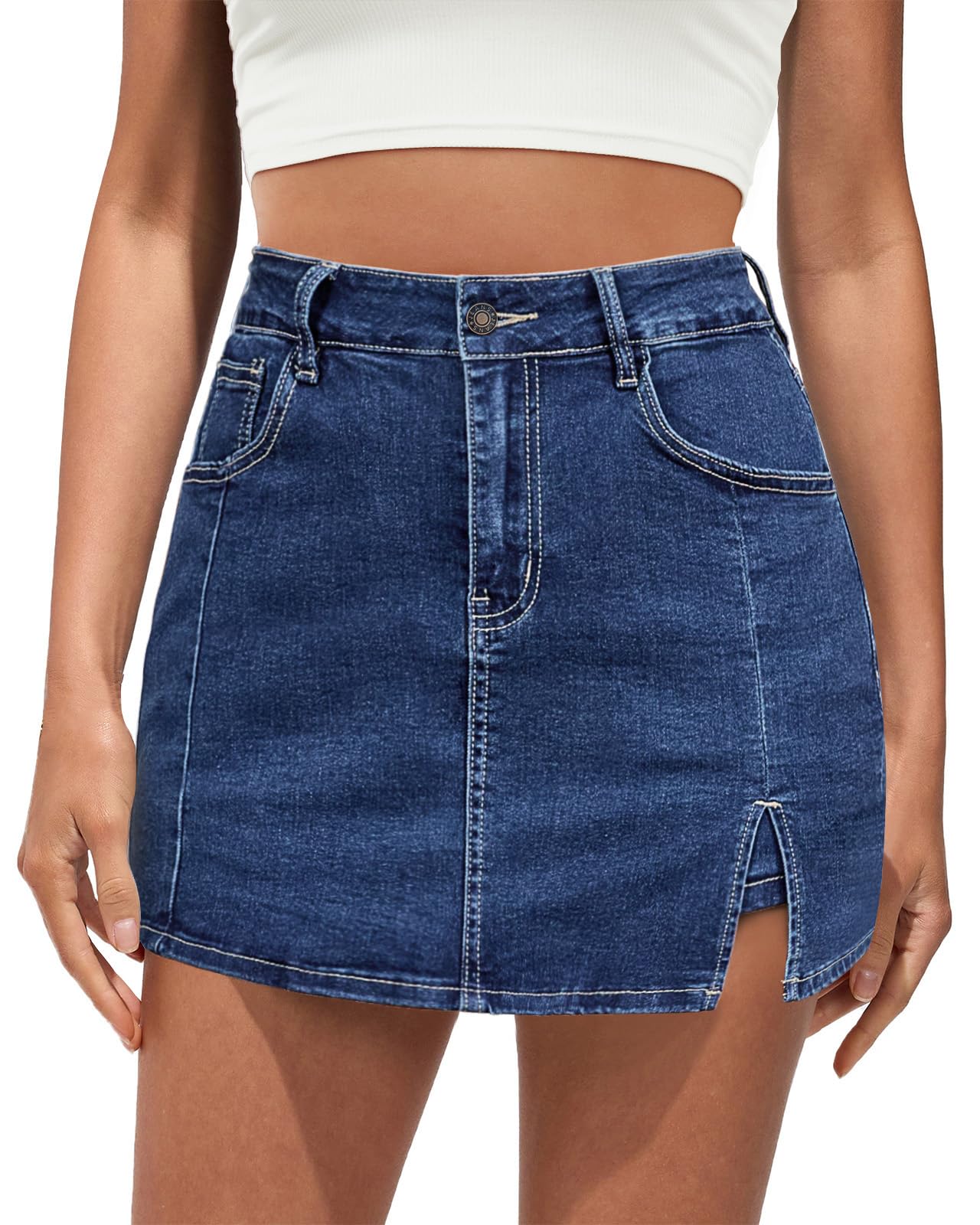 Vetinee Jean Skorts for Woman High Waisted Trendy Slit Stretchy Denim Skirt with Shorts Y2K Casual Summer Skorts Skirts