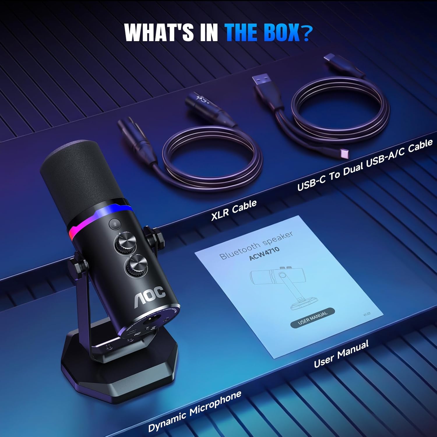 AOC USB/XLR Dynamic Microphone for Podcast Recording, PC Gaming Streaming Mic with RGB Light, Vocal Mic for Singing, Mute Button, Headphone Jack, Desktop Stand (Includes XLR Cable)